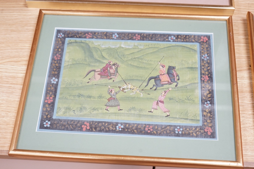 A pair of Indian and Mughal style watercolours on fabric, Hunting scene and figures dancing, together with a pair of Japanese woodblock prints, 36 views of Mount Fuji, largest 20 x 30cm. Condition - fair to good